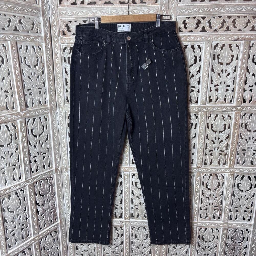 Rita Ora X Primark Black Diamante Pinstripe Grunge STRAIGHT Leg Jeans Size 10